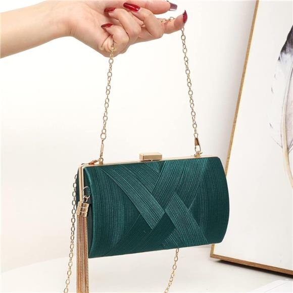 Women's Elegant Tassel Pendant Silk Evening Bag Clutch Green - Picture 4 of 6